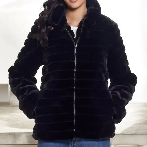 Gallery Women's Hooded Grooved Faux-Fur Jacket Black Size L - Picture 5 of 10